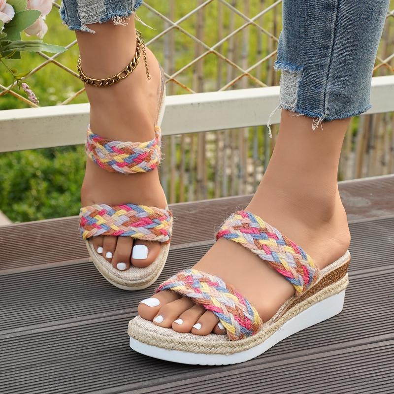 Fashion Bohemia Colorful Woven Strap Slip On Sandals Women Summer Round Toe Wedge High Heel Sandals Deodorization Fabric Insole Shoes