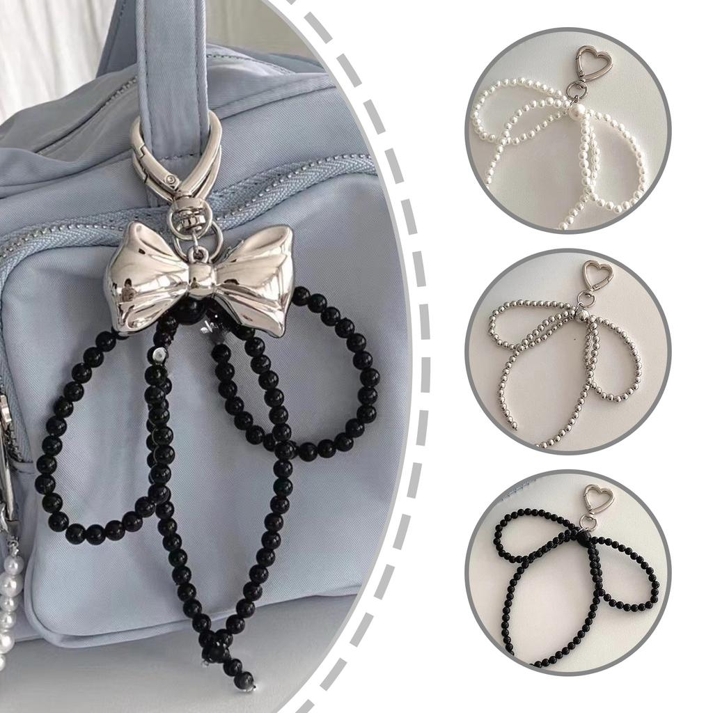 Elegant Pearls and Bowknot Charm Pendnat Keychain Set Sturdy Alloy Bag Accessories Portable for Trendy Women Ladies