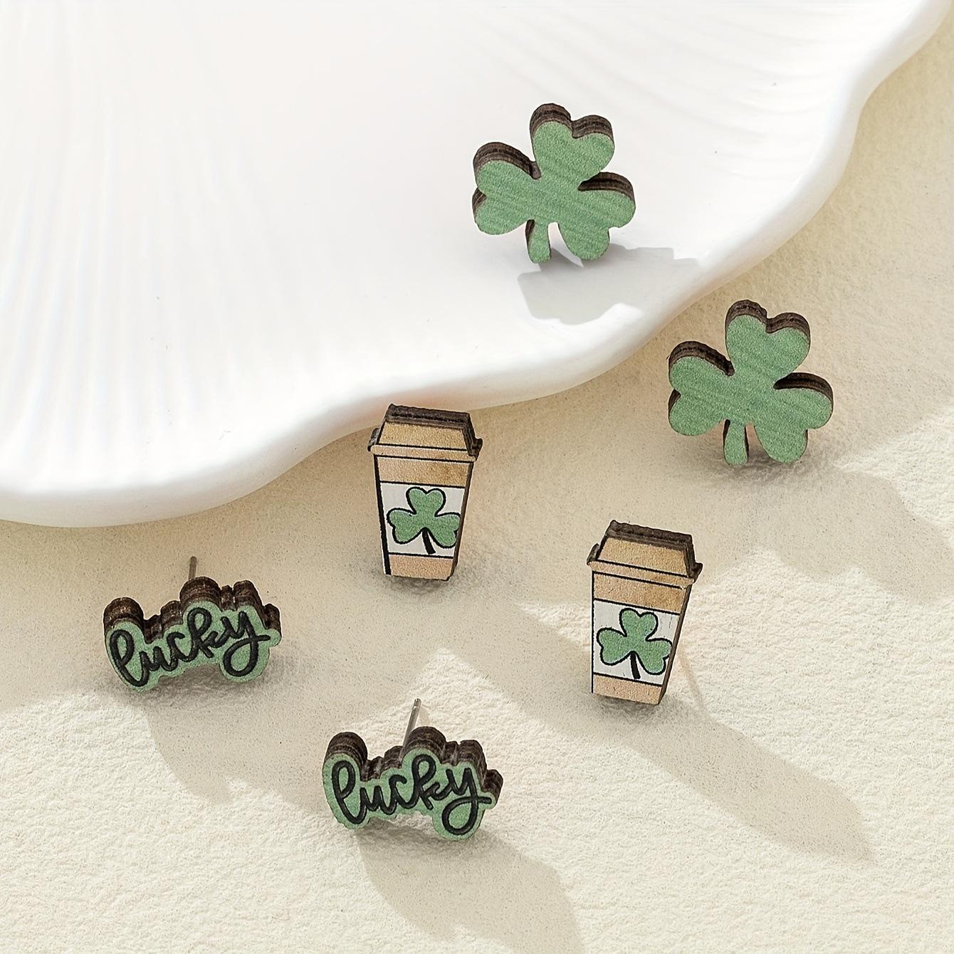 

New St. Patrick s Carnival laser-printed wood stud earrings світло-зелений колір