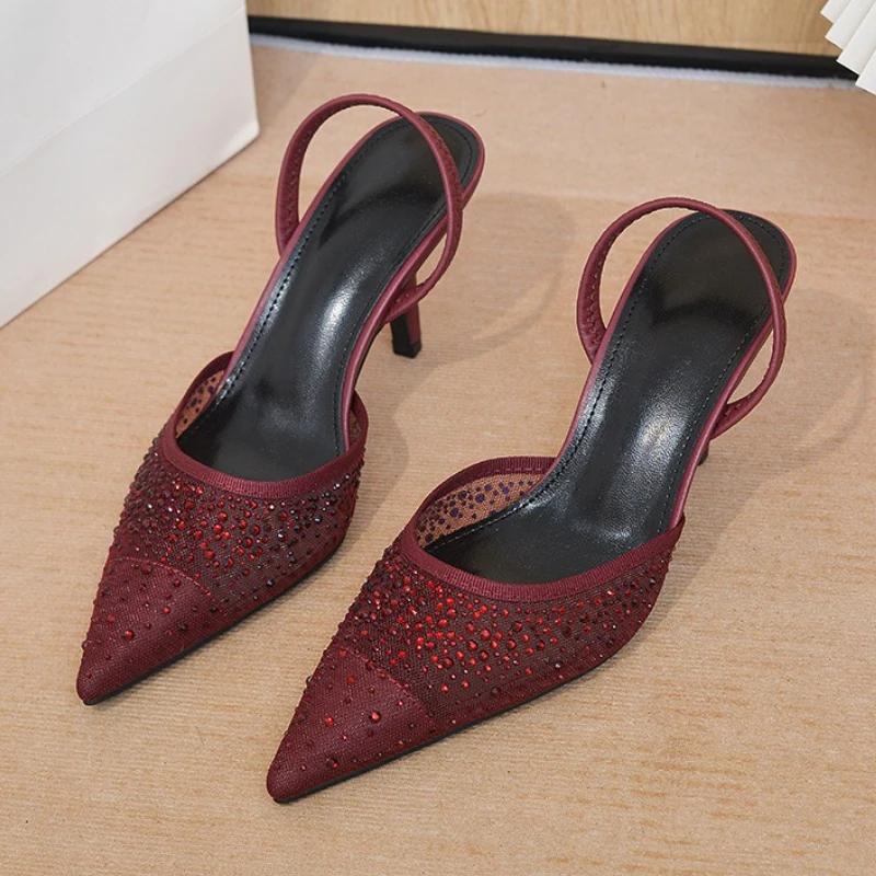 Sandale de Lux Strălucitoare cu Strass Femei Vară Sexy Plasă Vârf Ascuțit Slingbacks Toc Subțire Înalt Pantofi Eleganti pentru Petrecere