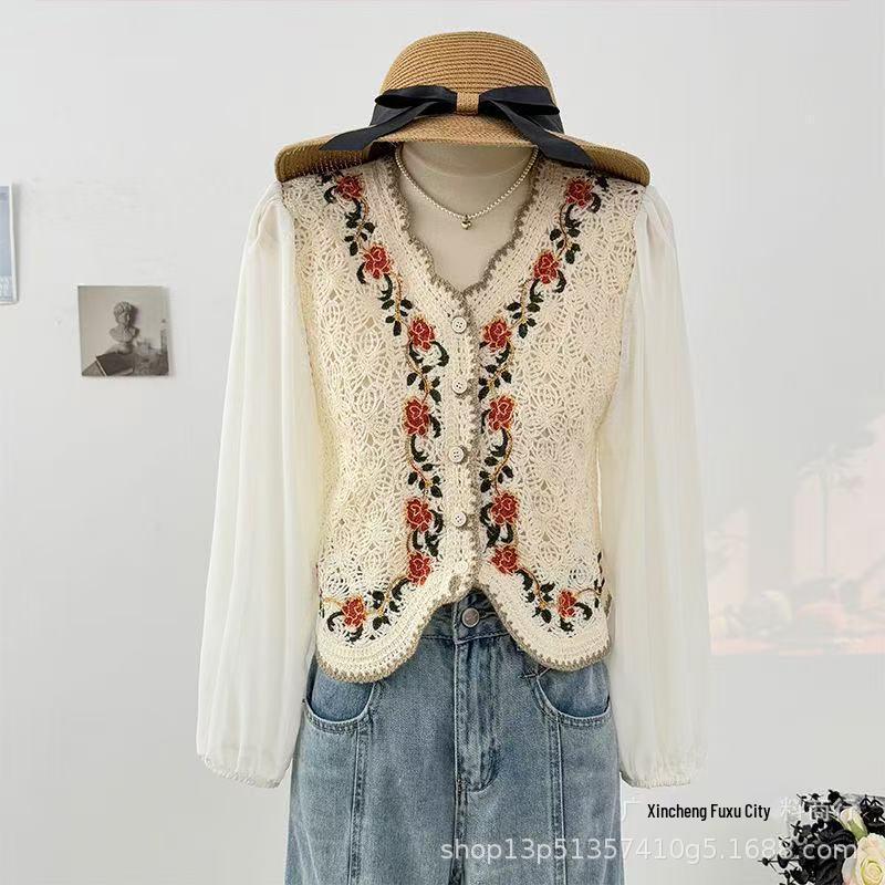 Women s Summer Embroidered V-Neck Puff Sleeve Top One Size синий