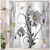 1pc Rustic Farmhouse Style Shower Curtain, Farmhouse Gray Daisy Floral and Butterfly Country Bathroom Curtain with Hooks