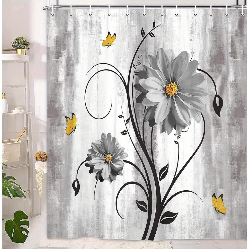 1pc Rustic Farmhouse Style Shower Curtain, Farmhouse Gray Daisy Floral and Butterfly Country Bathroom Curtain with Hooks