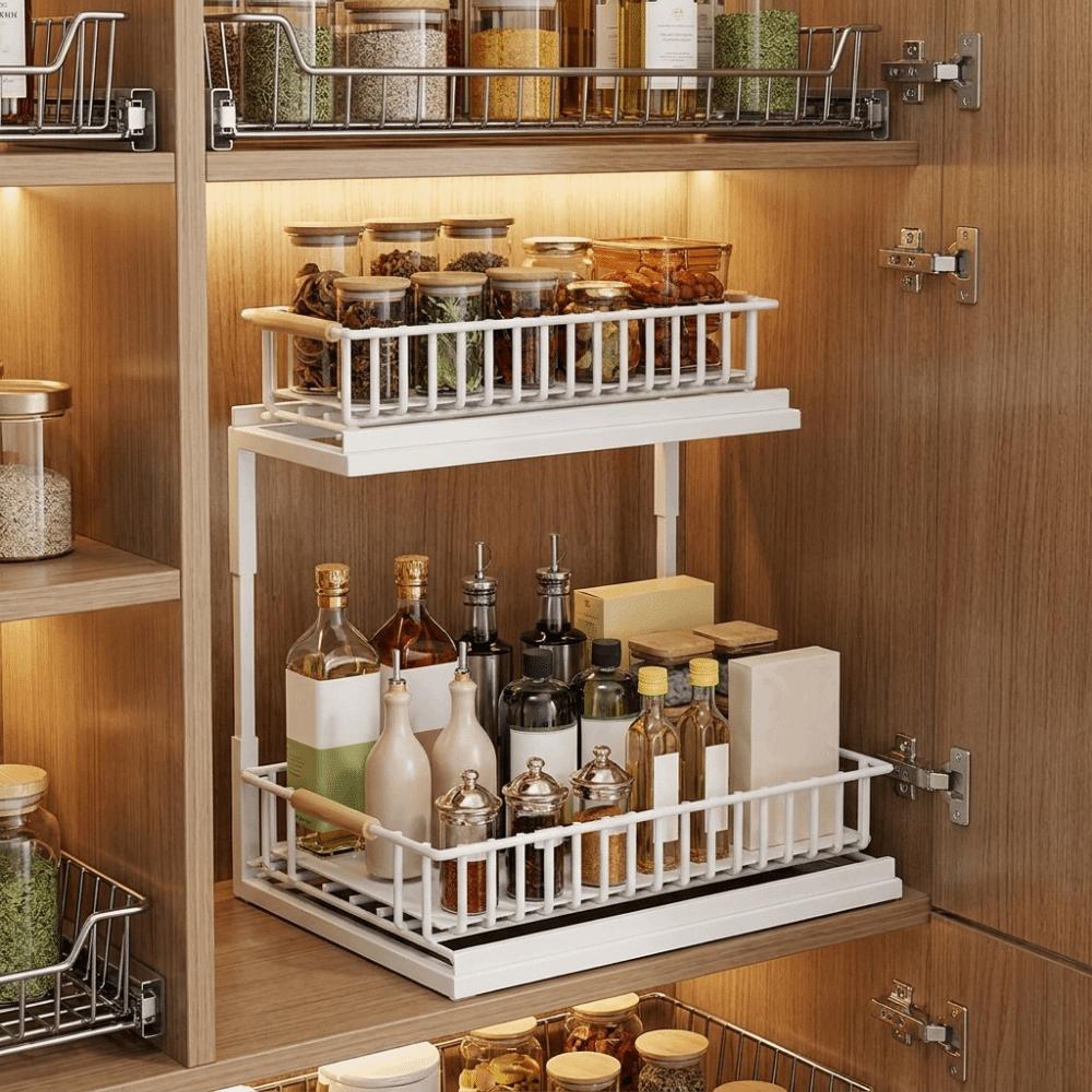 Rustproof 2-Tier Under Sink Organizer Carbon Steel Slide Out Cabinet Storage Shelf  for Kitchen
