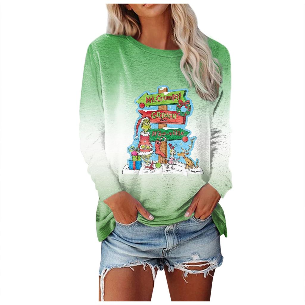 Women's Fashion Casual Long Sleeve Christmas Print Round Neck Pullover Top Blouse