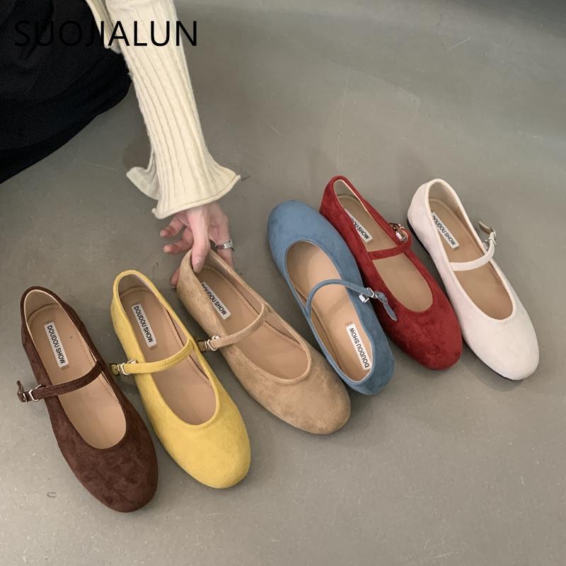Fashion SUOJIALUN Autumn Women Flat Shoes Fashion Candy Color Ladies Round Toe Mary Jane Shoes Soft Sole Shallow Slip On Ballerinas Shoe