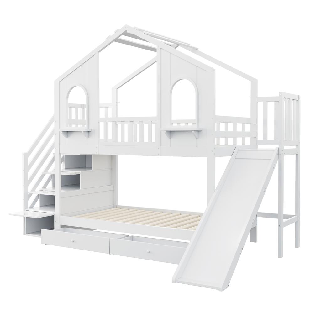 Letto a Castello per Bambini 90 x 200 cm, a Forma di Casa con Finestre Curve, con Scala a Cassetti e Scivolo, Cassetti, Letto Matrimoniale, Bianco