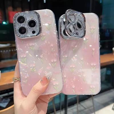 Flores de Tulipán Adecuadas para Funda de Teléfono Móvil iPhone 16 Soporte de Lente con Polvo Brillante Cubierta Anticaída Apple 15 ProMax 14