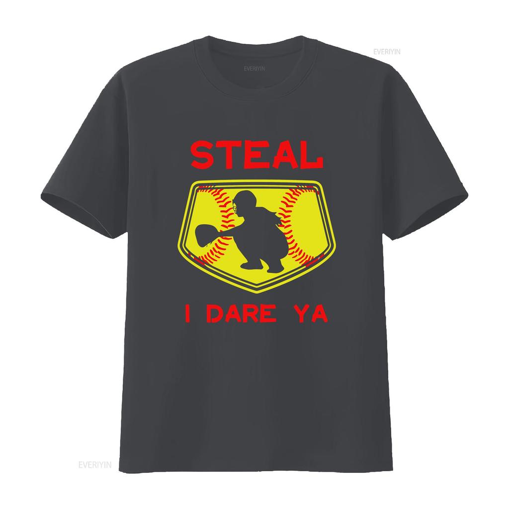 Steal I Dare Ya Softball Catcher T Shirt Funny For Players Bas vintage Washed Top For Everyday Wear homme graphic