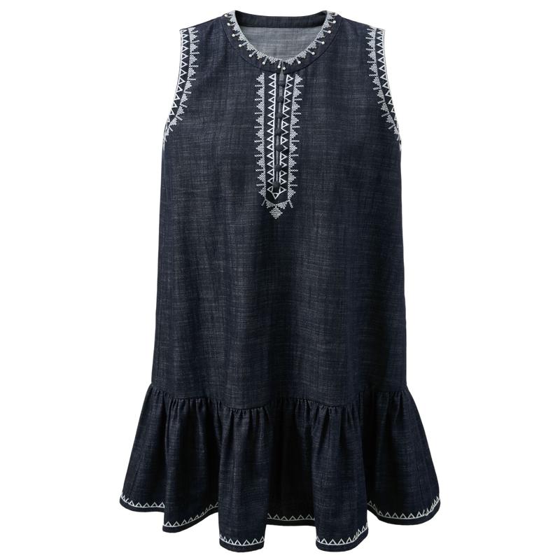 SANCITY 2026 Summer Embroidered Faux Denim A-line Dress M