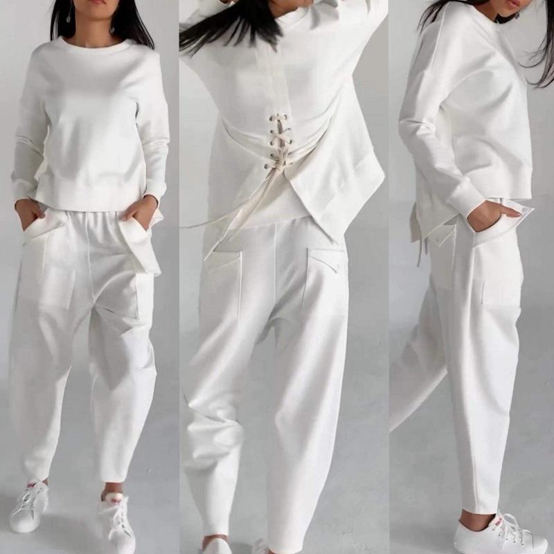 2024 Herbst Trendiges Mehrzwecktaschen Schnürung Einfarbige Lässige Hosenanzug-Set