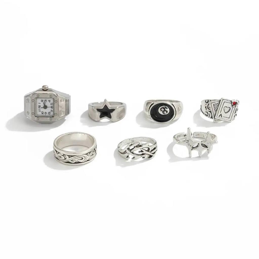 IngeSight.Z HipHop Punk Creative Silver Color Pentagram Poker Finger Rings Men Goth Irregular Stack Ring Trend Jewelry Accessory