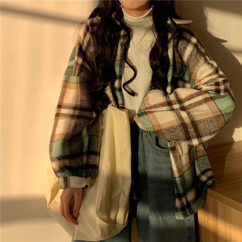 Damen Verdicktes Gebürstetes Karoshirt: Lockere Passform im koreanischen Stil, figurschmeichelnde Langarmbluse für Herbst und Frühling.