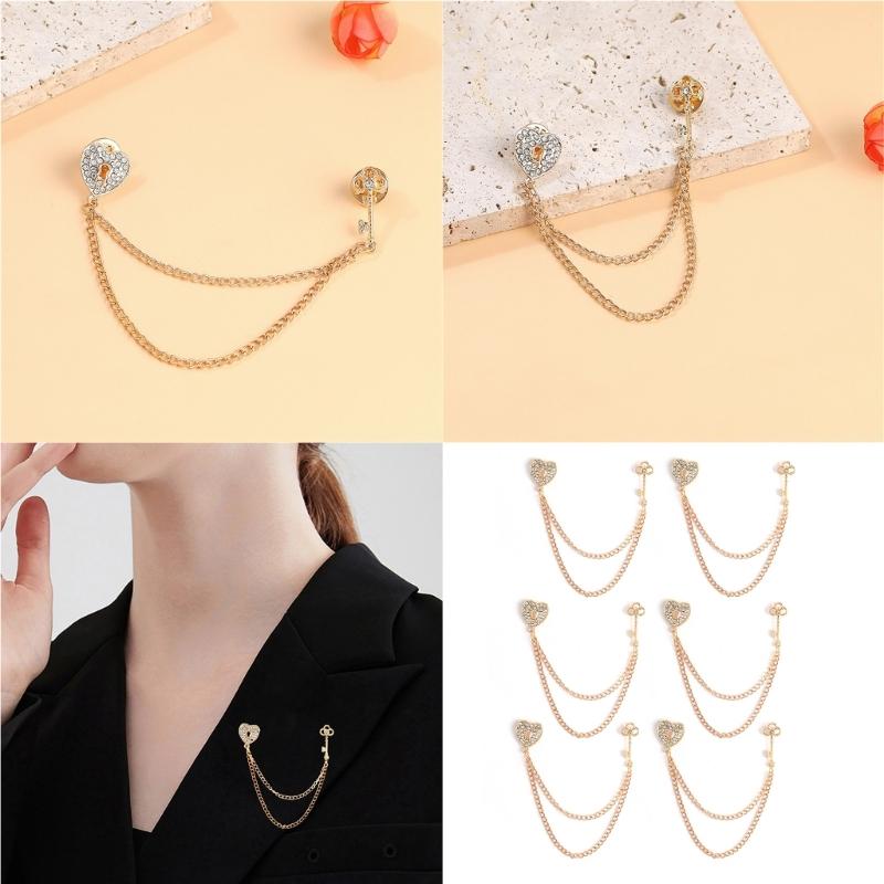 Elegant Metal Heart Key Brooch Long Chain Fashion Accessory odern Key Heart Brooch With Extended Chain For Women Men