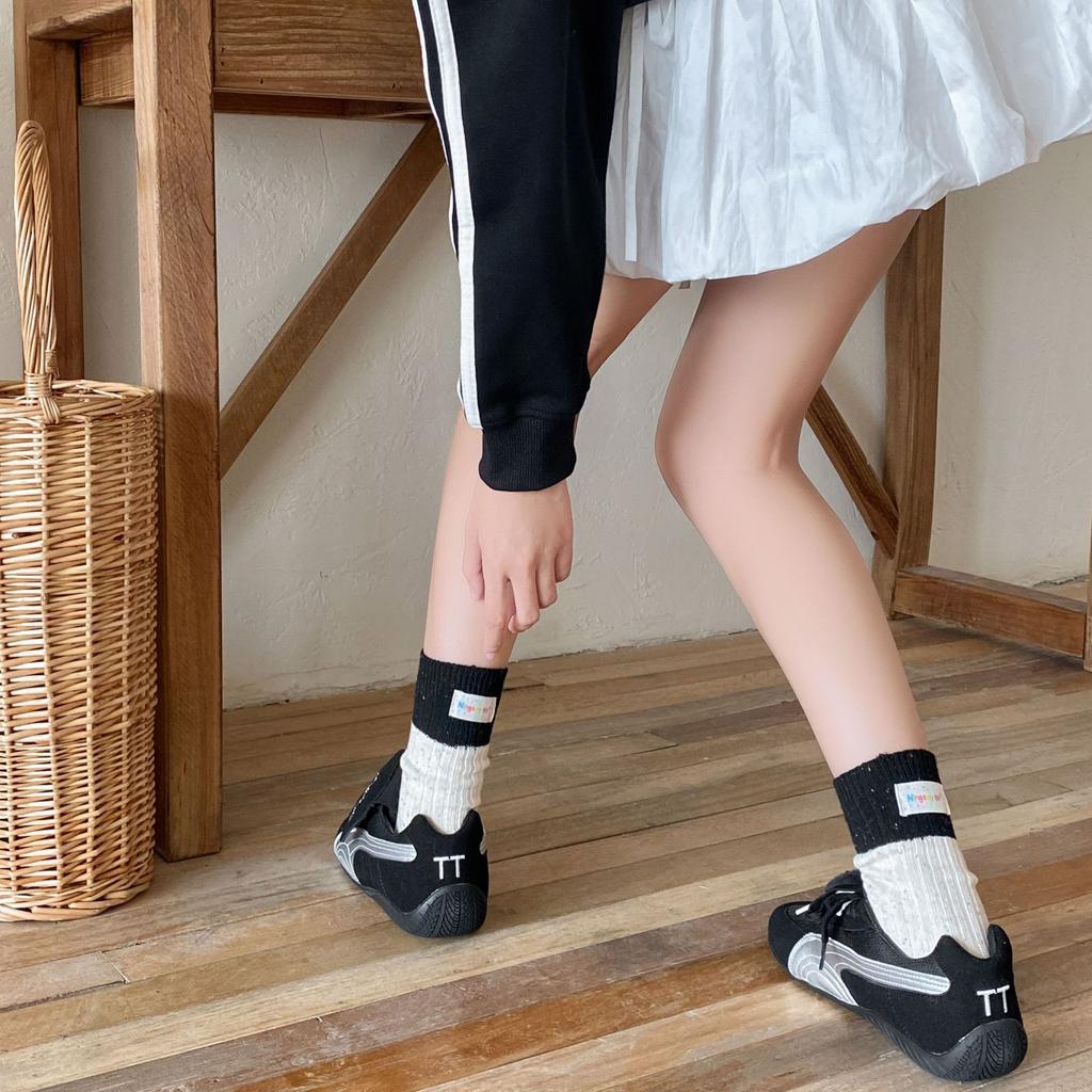 Color Matching Heel Cloth Label Thick Needle Socks, Idea Yarn Medium Tube Stacking Socks, Children'S Couple Socks