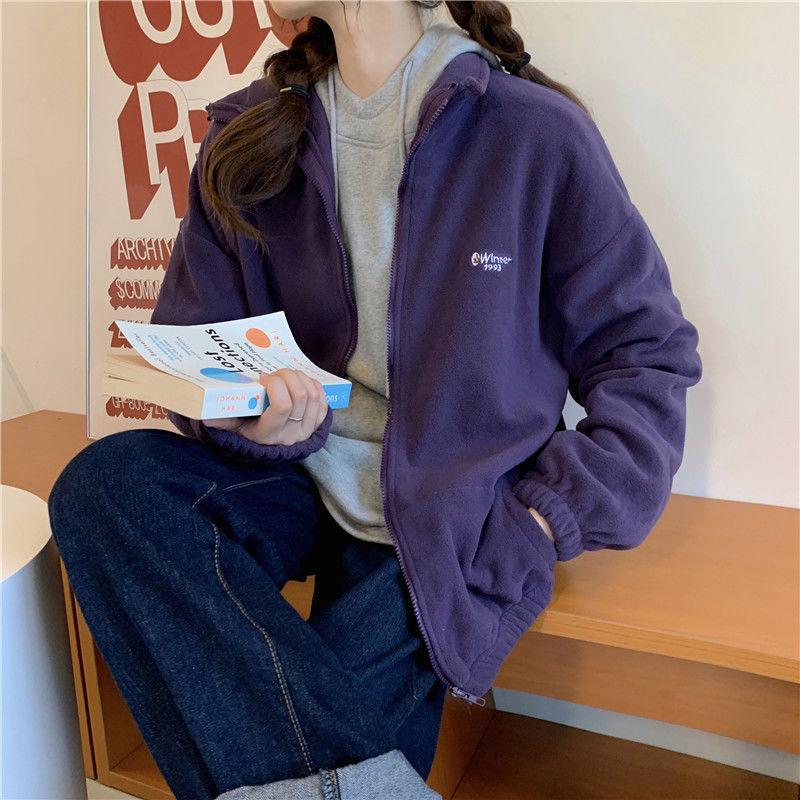 Polar Fleece Cardigan Zipper Stand Collar Hoodie Women Korean Loose Jacket Lazy Style Top