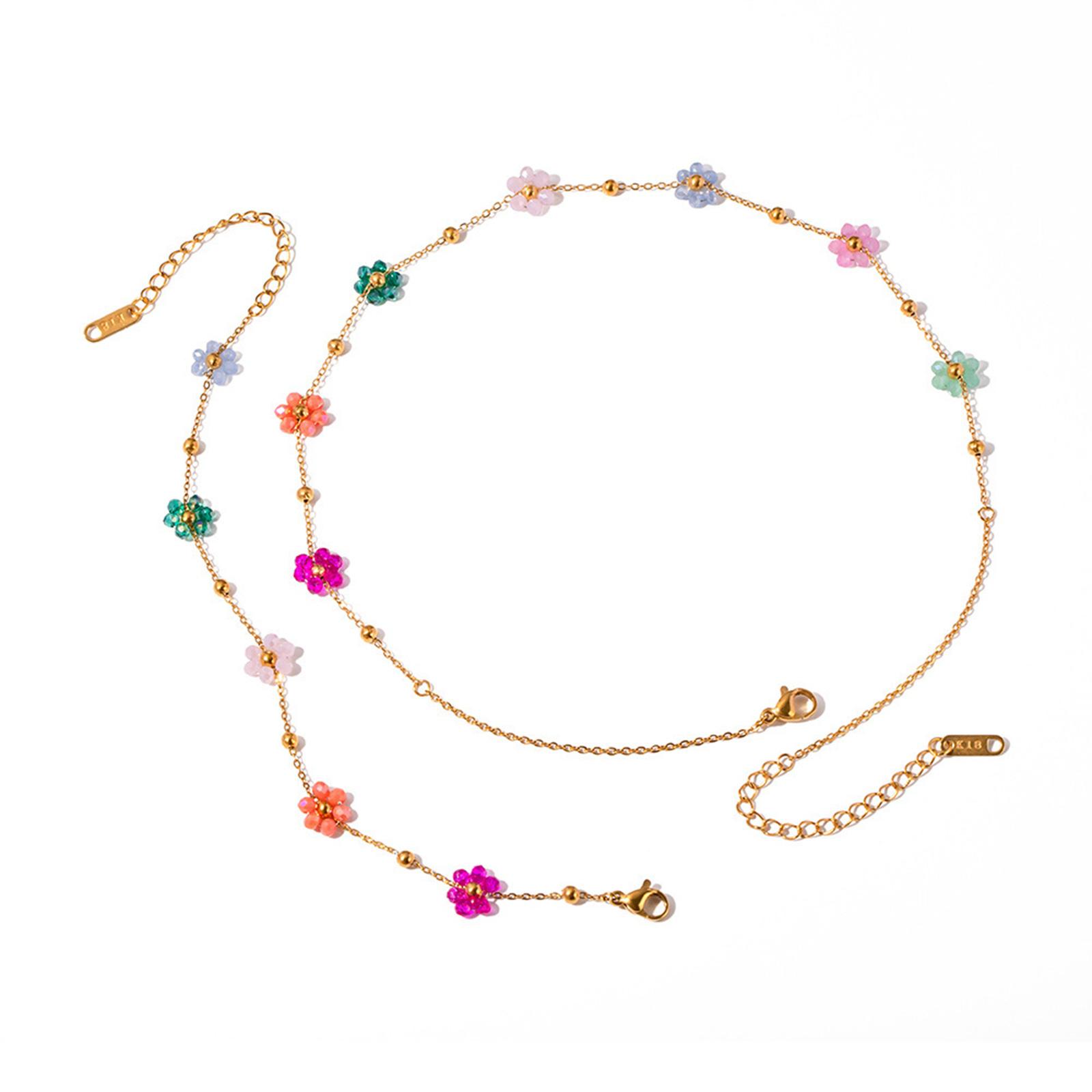 

Colorful Flower Bead Necklace and Bracelet Set Fashionable Sturdy Steel Jewelry Accessory for Trendy Women Ladies
