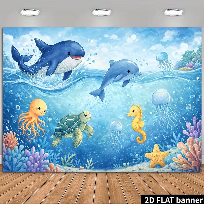 2D Ocean Animals Backdrop Dolphin Whale Turtle Octopus Photography Background 47.2x31.5inch/120*80cm