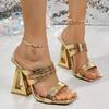 Fashion Fashion Gold High Heel Sandals for Women Square Toe Strange Heeled Party Dress Shoes Woman Summer Double Strap Mule Slippers