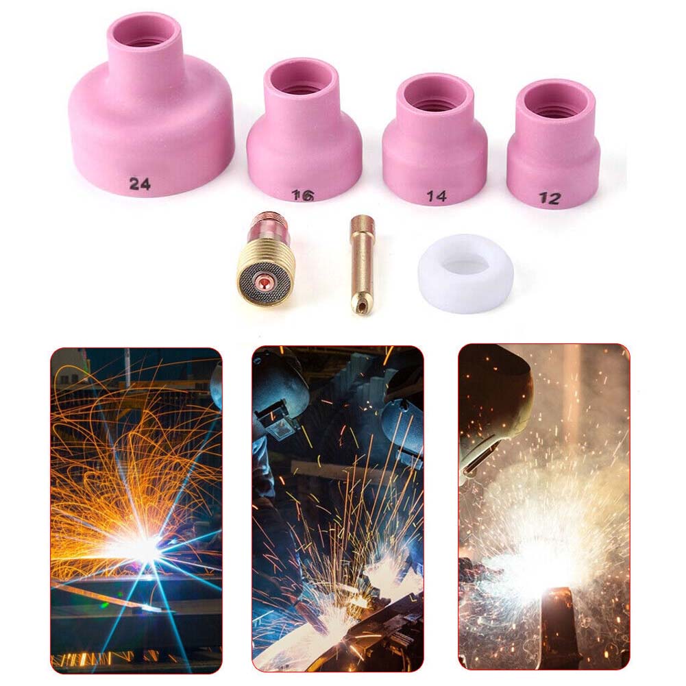 7pcs Nozzle Cups Gas Lens Welding Kit for WP9/20 TIG Torch with Brass Rubber Alumina Pottery Accessories in 1214 16 24 Sizes