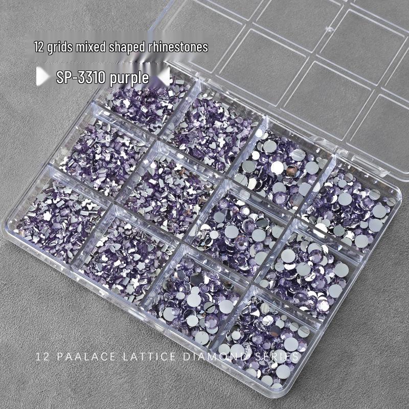 Nail Art Irregular Resin & Colored Rhinestones Set - Flatback, 12 Grids of Mixed Clear Diamonds