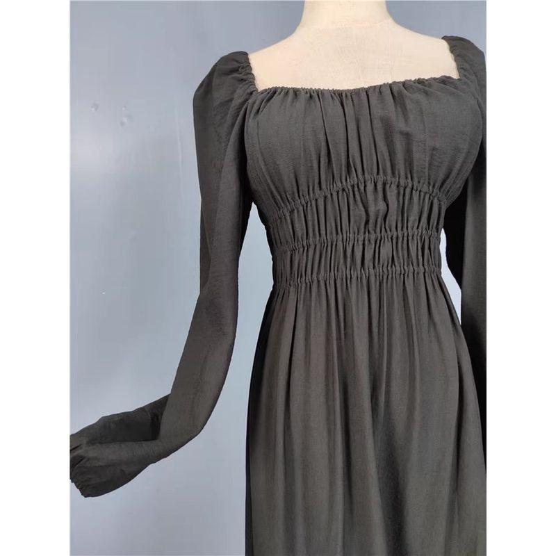 Foreign Trade Order H Home Autumn New Square Collar Stretch Wrap-around Waist Hugging Expose Clavicle Lady Joker Leisure Dress Women