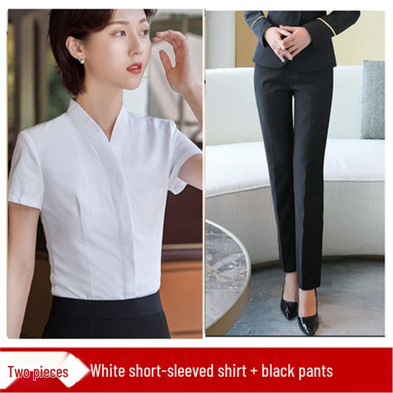Women's White V-neck Professional Flight Attendant Shirt: Interview and Workwear Suit for Airline and Hotel Staff