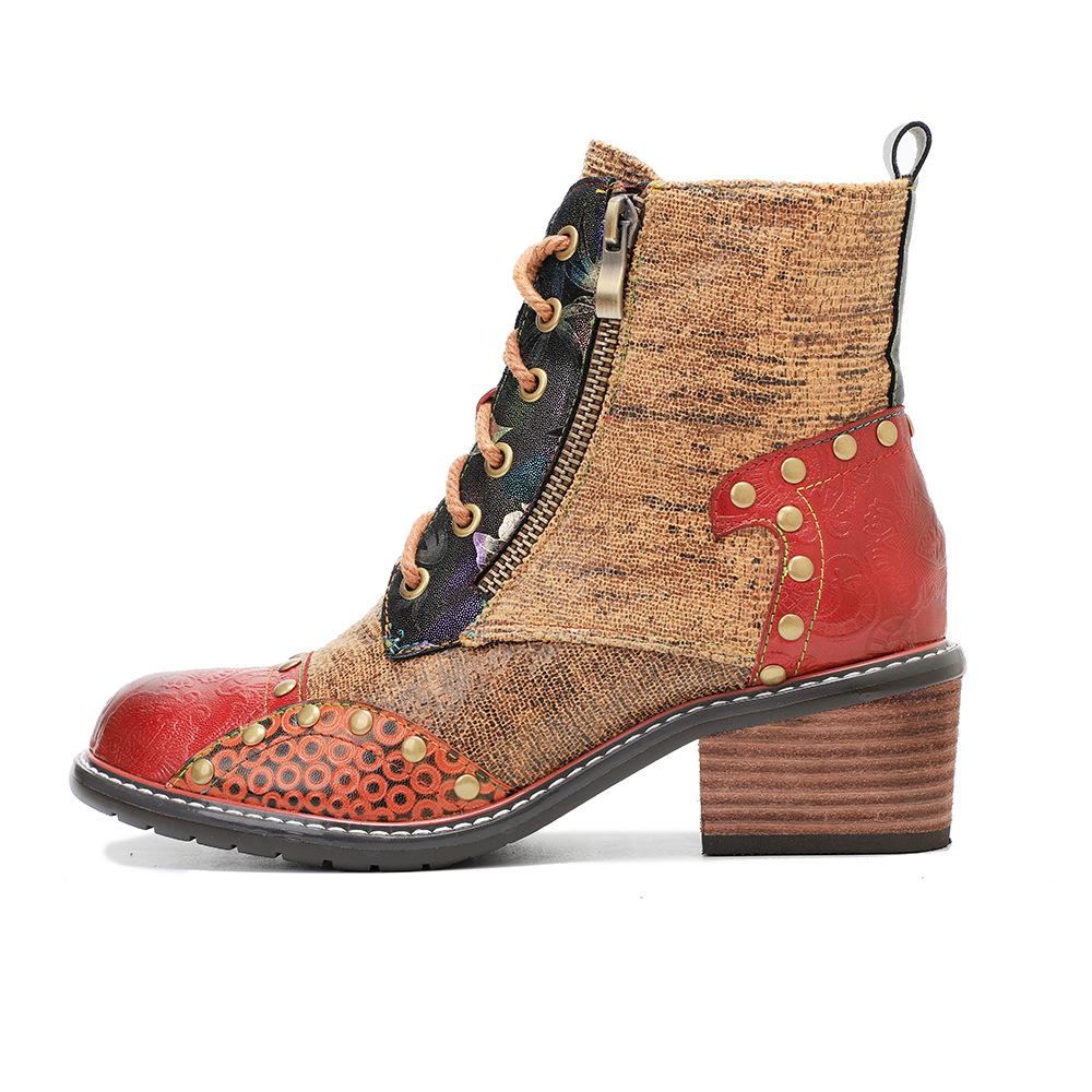 Johnature Echtes Leder Schuhe Damen Stiefel Runde Zehen Retro Handgemacht Reißverschluss Freizeit Nähen Prägnante Knöchel Plateaustiefel