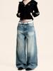 Yongfang Unisex Retro Blue Jeans: Casual Washed, Whiskered, Trendy Straight-Leg, Loose-Fit Pants