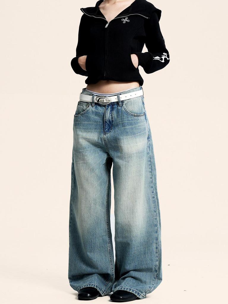 Yongfang Unisex Retro Blue Jeans: Casual Washed, Whiskered, Trendy Straight-Leg, Loose-Fit Pants