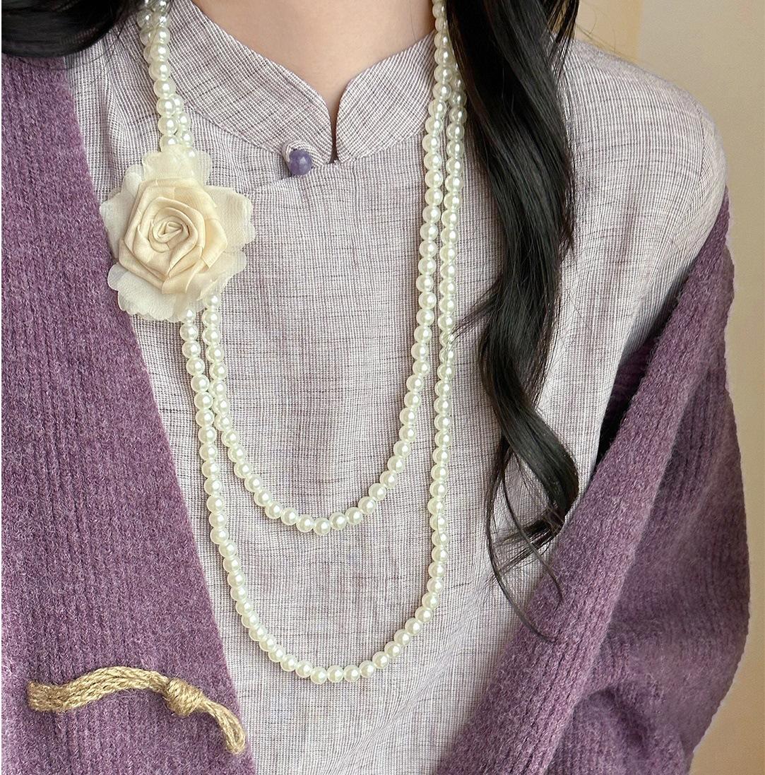 

Multi-Layer Pearl Long Necklace Rose Flower Design Sweater Chain Jewelry Accessories For Women бежевый