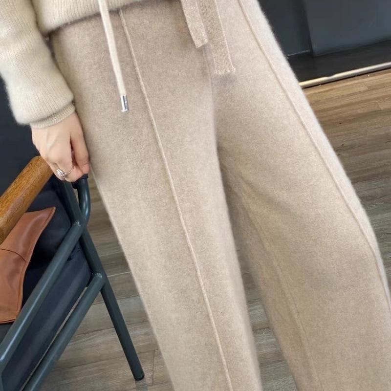 Women Knitted Wide Leg Pants Autumn Winter Basic Soft Warm Cashmere Knit Trousers Casual Simple Style Korean