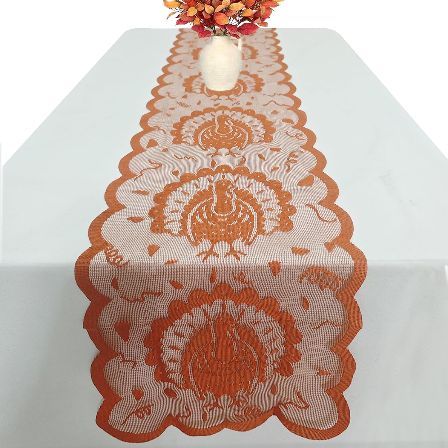Thanksgiving Table Runner 72 Inch – Lace Turkey Table Runner for Thanksgiving Day Home Kitchen Dining Table Decorations – Fall Autumn Holiday