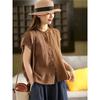 Women Dark Green Linen Blend Blouse With Ruffled Neckline And Red Button Front Casual Summer Top