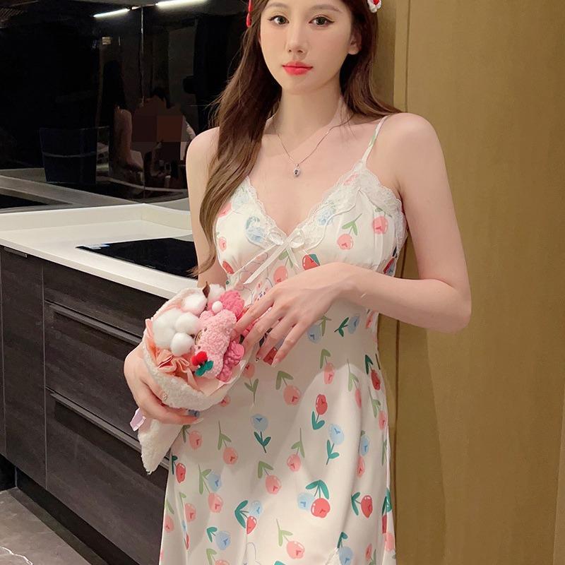 Neue Pyjamas Damen Frühling und Sommer Druck mit Brustpolster Trägerschaft Rock Reiner Begehren Stil Mehrfarbige Spitze Sexy Nachthemd