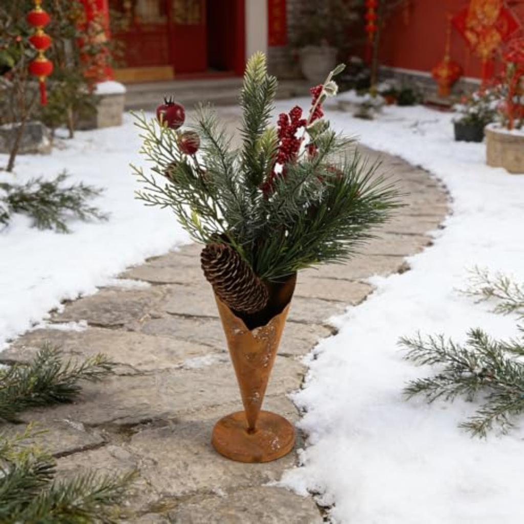 Vintage Rostiges Metall Konusförmiger Künstlerischer Blumentopf mit Ständer Dekorativer Gartenpflanzer für Innen Außen