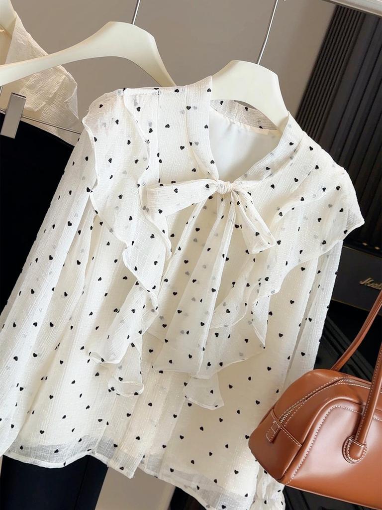 Elegant Women's Age-Reducing Polka Dot Heart Ruffle Shirt - Spring 2026 Long-Sleeved Top