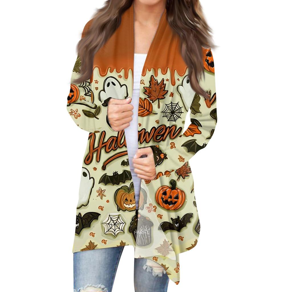 Women's Halloween Print Long Sleeve Front Cardigan Printed Top Lightweight Jacket