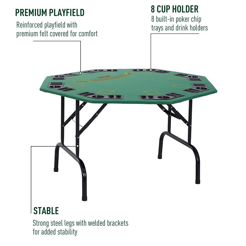 8 Player Folding Games Poker Table with Chip Cup Holder Steel Base Felt Top Octagon Blackjack Green