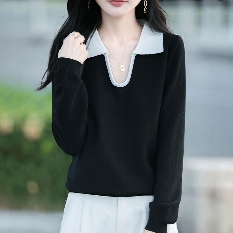 New Spring Autumn Style Contrast Color Lapel Knit Women's Sweater - Casual Fashion Elegant High-End Base Layer Top