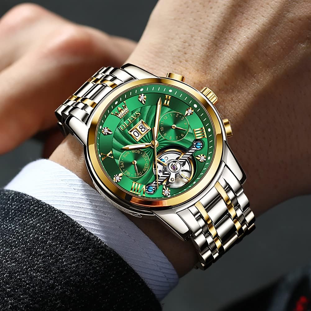OLEVS Uhr Coole Beliebte Grüne Automatische Datum Mechanische Arm Uhr Wasserdicht Leuchtende Mechanische Grün Gold Herren &