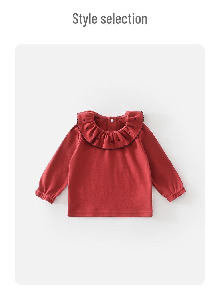 Girls' Stylish Lace Long-Sleeved Cotton T-Shirt - Versatile Base Layer for Spring and Autumn.