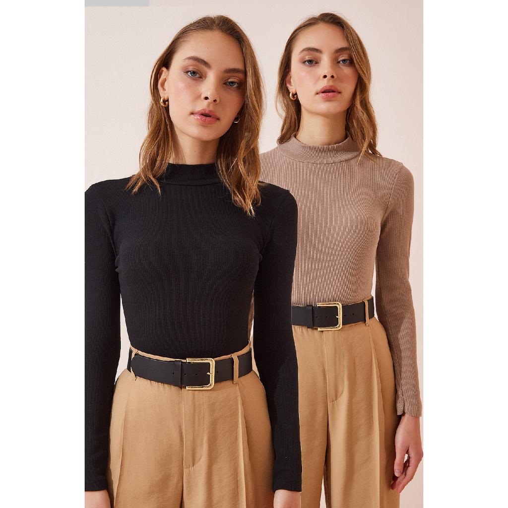 Women's Black White 2 Pack Ribbed Turtleneck Knitted Blouse Gt00053