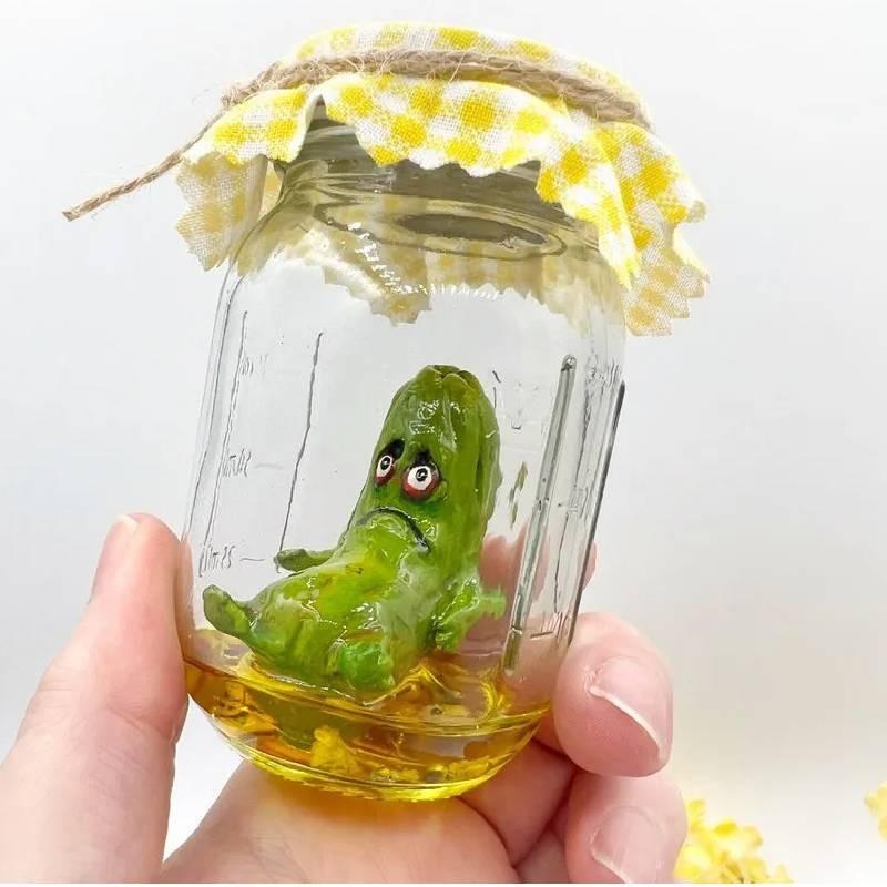 Delightful Grumpy Pickle In A Jar Sculpture Playful Cartoon Art For Birthday And Holiday Gifts