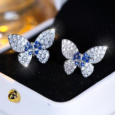 Orecchini a bottone a farfalla con zircone blu da donna, delicati e dolci, in argento