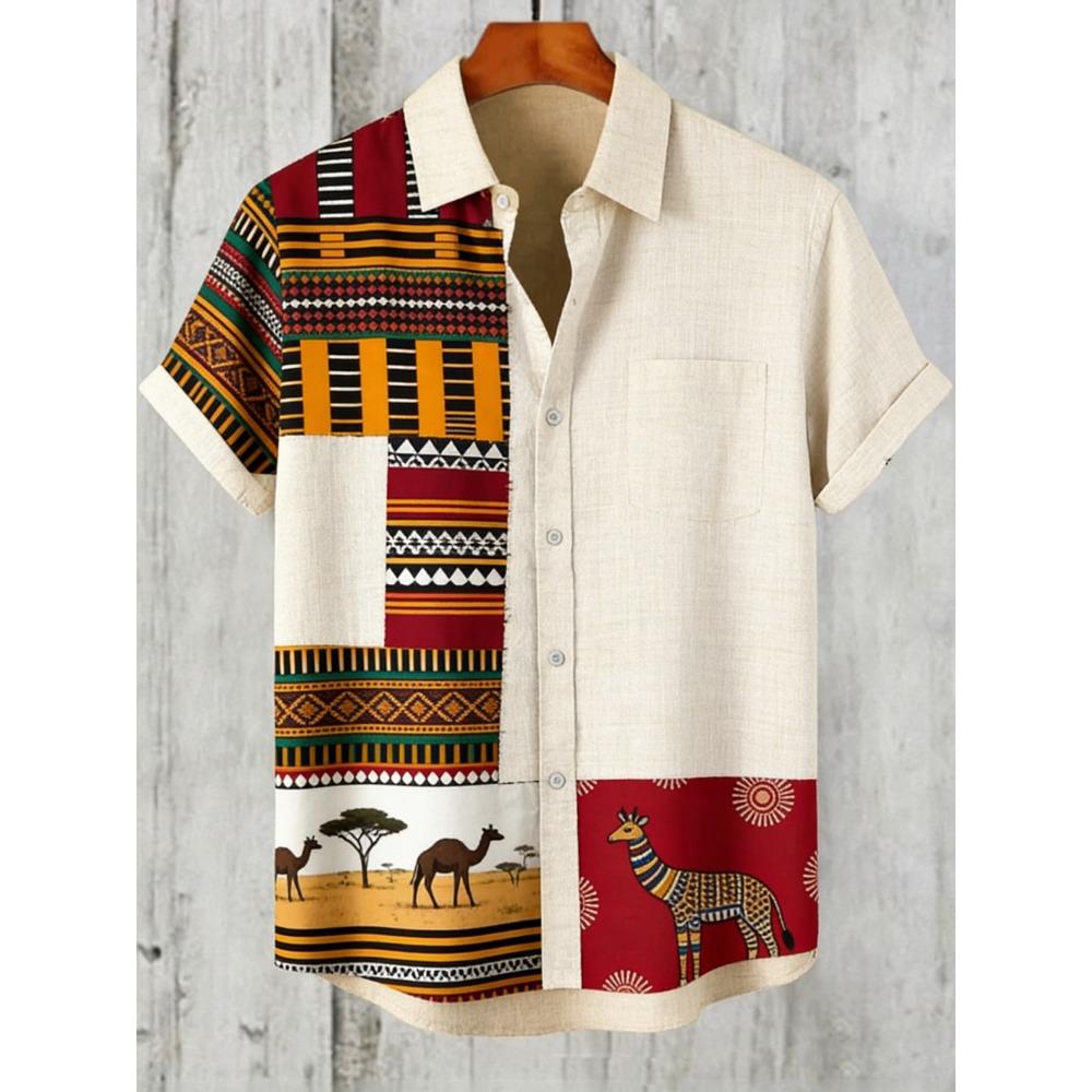 2026 Summer Men's Linen Short Sleeve Shirts Funny Animal Ethnic Patterns Printed Shirts Casual Outdoor Designer Clothes Men