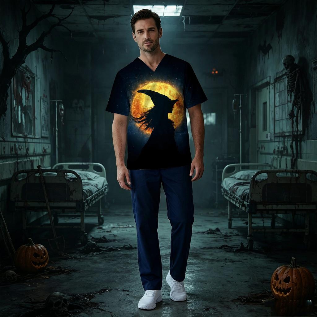 Haut d'uniforme médical pour homme avec imprimé Halloween, col en V, poche poitrine, manches courtes, pour professionnels de la santé