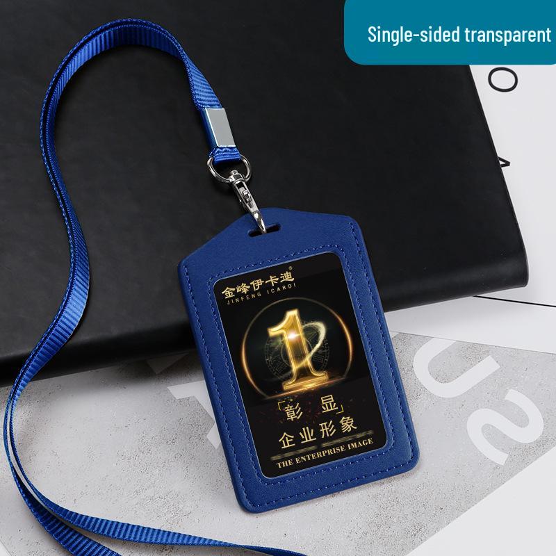 Genuine Leather Double-Sided ID Card Holder with Transparent Windows and Lanyard