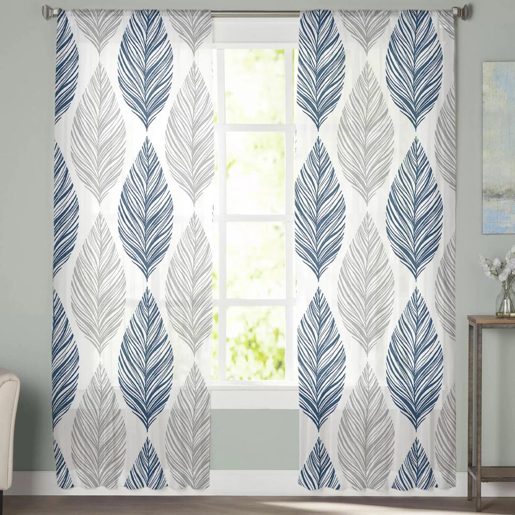 Marineblau-graue Blattstruktur-Tüllvorhänge für Wohnzimmer, Chiffon-Voile, transparenter Fenstervorhang für Schlafzimmer