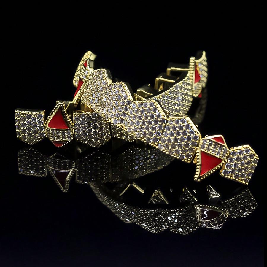 Hot Selling Halloween Hip Hop Grillz: Real Gold Plated Copper, Punk Zircon Paved, Big Gold Tooth Jewelry.